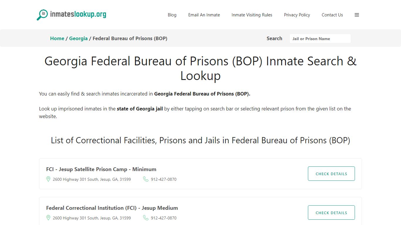 Georgia Federal Bureau of Prisons (BOP) Inmate Search & Lookup